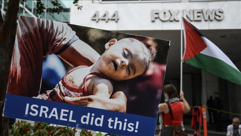 Pro-Palestinian activists protest media coverage of Gaza outside major US news outlets